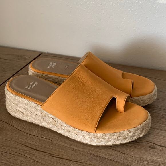 Eileen Fisher Tarry Espadrille Wedge Slide Platform Sandal Toe Loop 9 US Mango - Picture 9 of 16